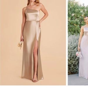 Birdy Grey One Shoulder Neutral Champagne Shiny Satin Dress